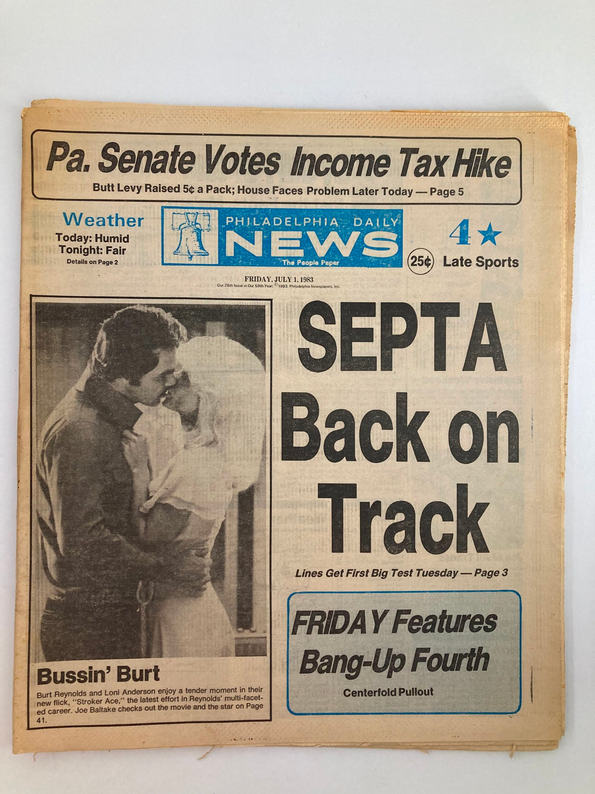 Philadelphia Daily News tabloid from July 1, 1983, featuring Burt Reynolds and Loni Anderson on the cover, showcasing headlines and a vintage aesthetic, perfect for collectors of Hollywood memorabilia.