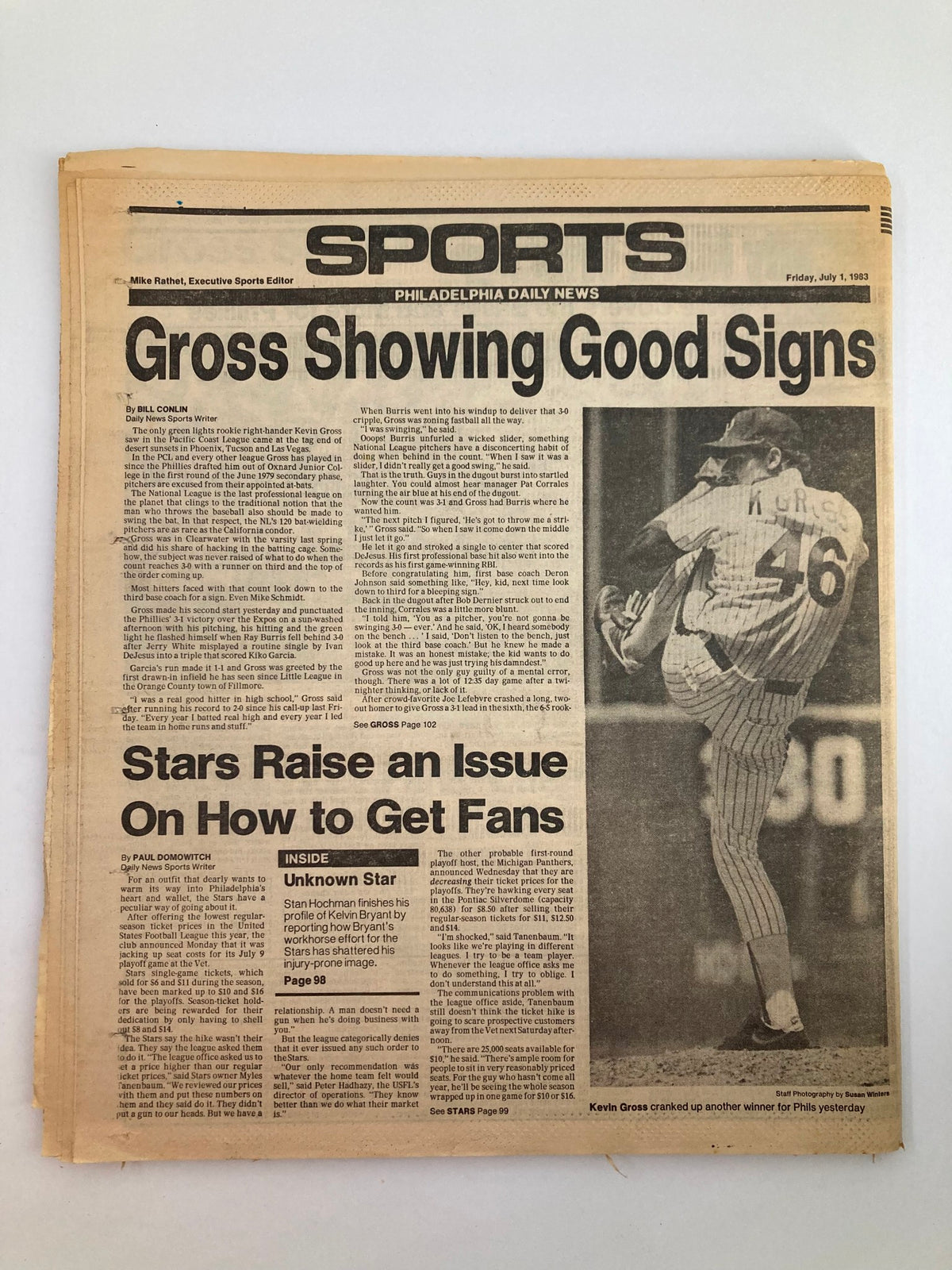 Philadelphia Daily News tabloid from July 1, 1983, featuring sports headlines including 'Gross Showing Good Signs' and 'Stars Raise an Issue On How to Get Fans.' The newspaper highlights notable sports events and figures of the time.