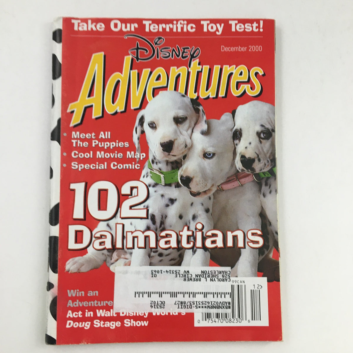 Disney Adventures Magazine December 2000 cover featuring 102 Dalmatians puppies, showcases vibrant imagery and includes headlines about the movie and special features.