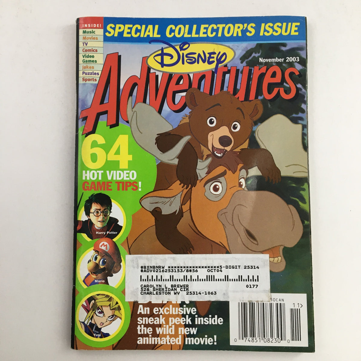 Cover of Disney Adventures Magazine from November 2003 featuring Brother Bear and Harry Potter, with Mario video game tips; a special collector's issue showcasing vibrant illustrations and nostalgic pop culture.