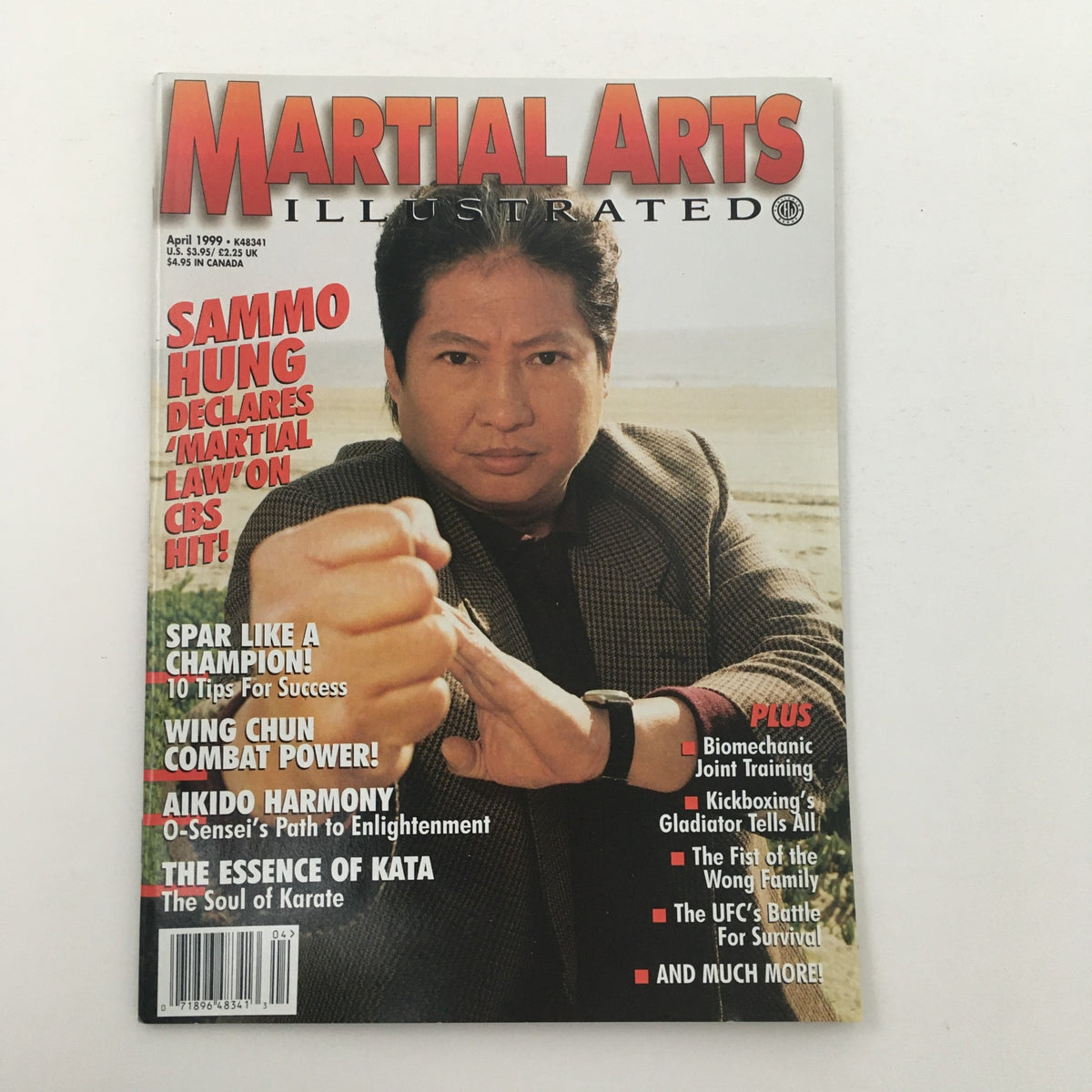 Cover of Martial Arts Illustrated Magazine April 1999 featuring Kung Fu star Sammo Hung, promoting martial arts techniques and cultures, with articles on Wing Chun, Aikido, and more.