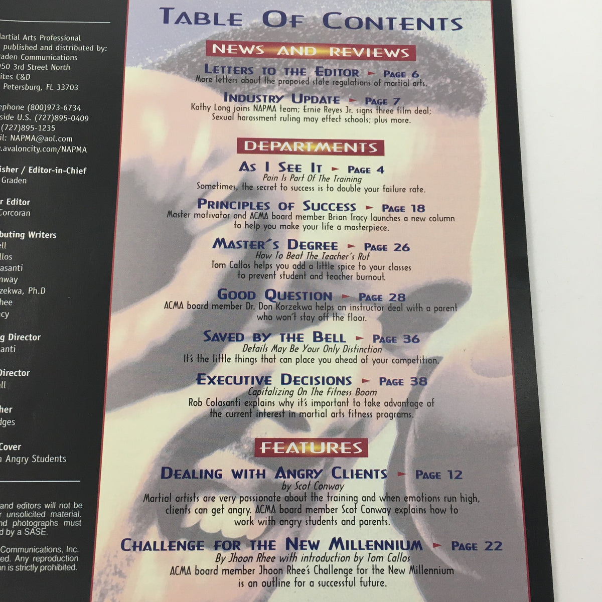 Table of contents page from Martial Arts Professional Magazine October 1998, outlining articles and features including insights from Brian Tracy and topics on dealing with angry clients and training success.