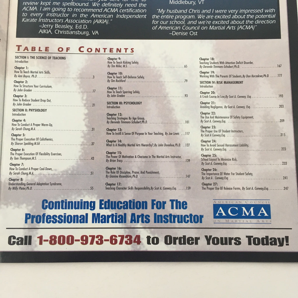 Table of contents from Martial Arts Professional Magazine March 1999 issue titled The Return to Self-Defense outlining various sections on teaching methods and student safety.