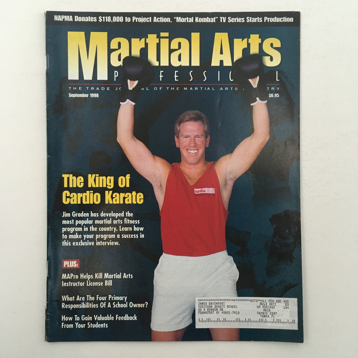 Cover of Martial Arts Professional Magazine September 1998 featuring Jim Graden, the King of Cardio Karate, posing with boxing gloves. This magazine highlights insights into martial arts and fitness during the 90s.