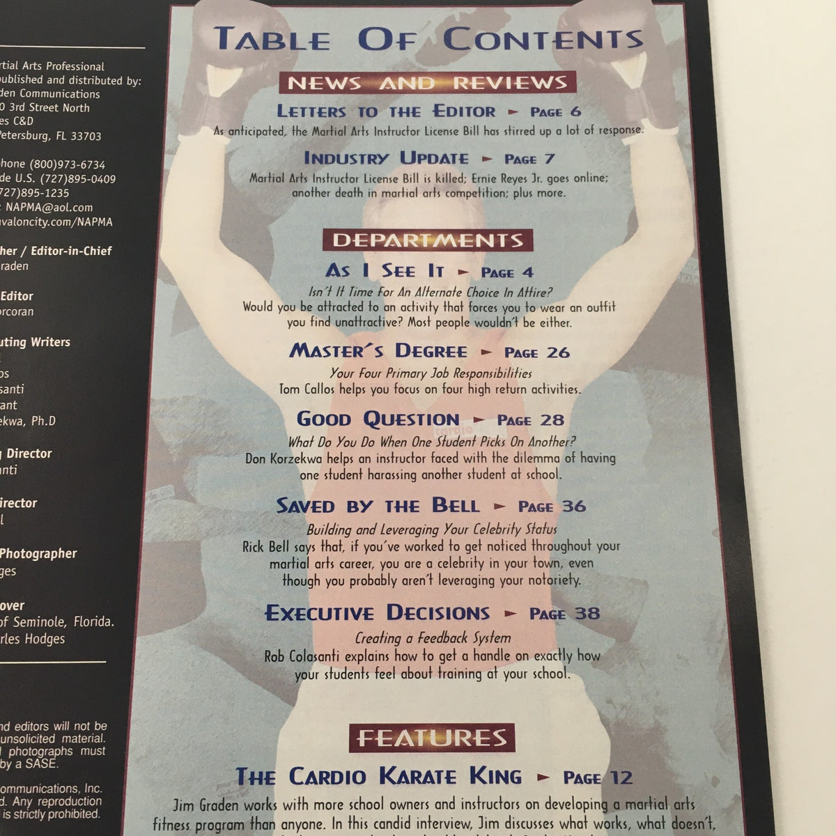 Table of contents from the Martial Arts Professional Magazine September 1998, featuring articles on news, industry updates, and a spotlight on Jim Graden's Cardio Karate training regime.