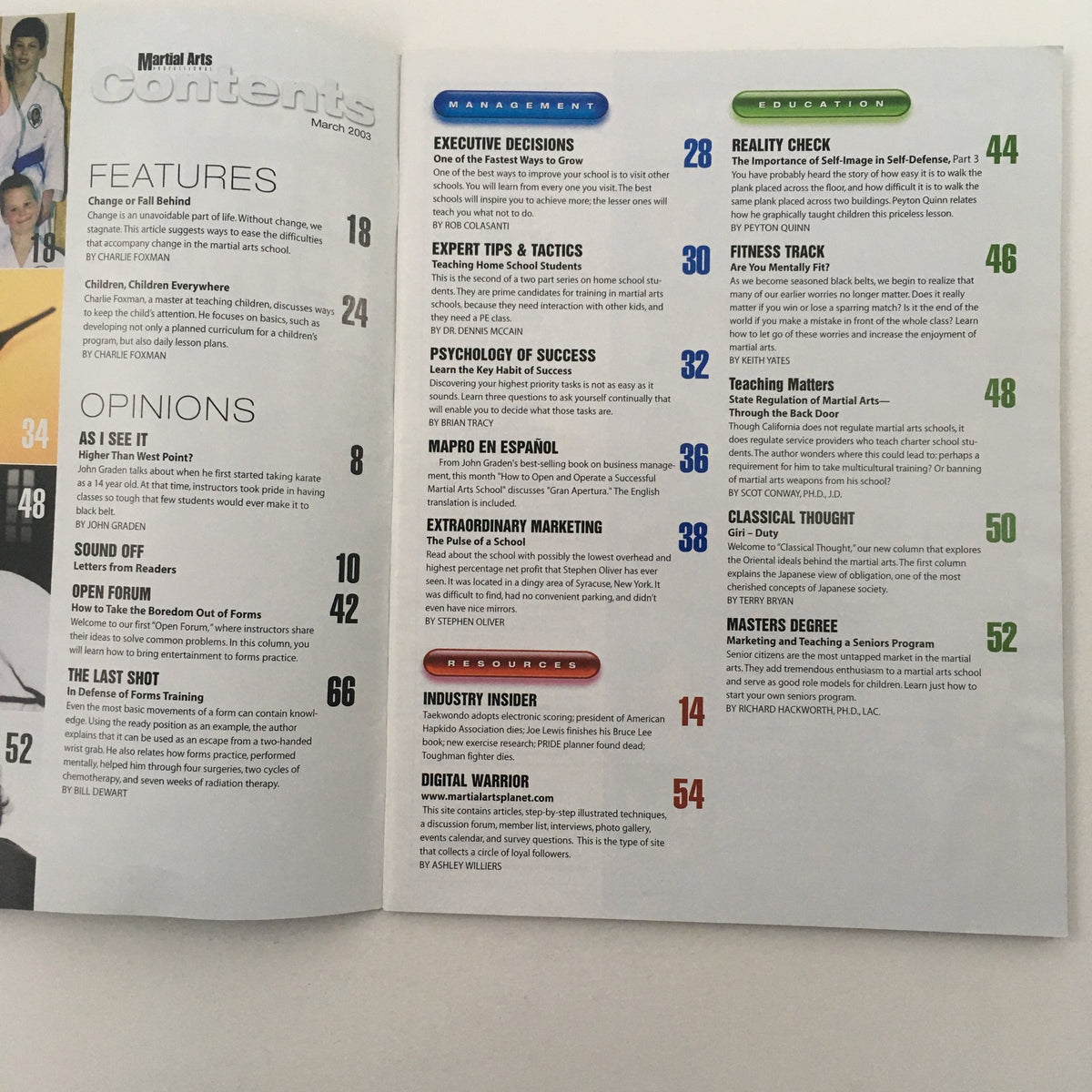 Contents page of Martial Arts Professional Magazine March 2003, detailing articles on management and education in martial arts, including features and opinions.