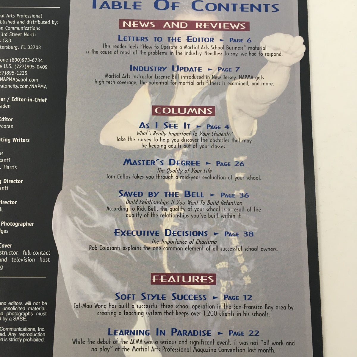 Table of Contents from Martial Arts Professional Magazine August 1998 featuring Kung Fu Instructor Tat-Mau Wong. The layout includes sections on news and reviews, columns, and features related to martial arts education and philosophy.