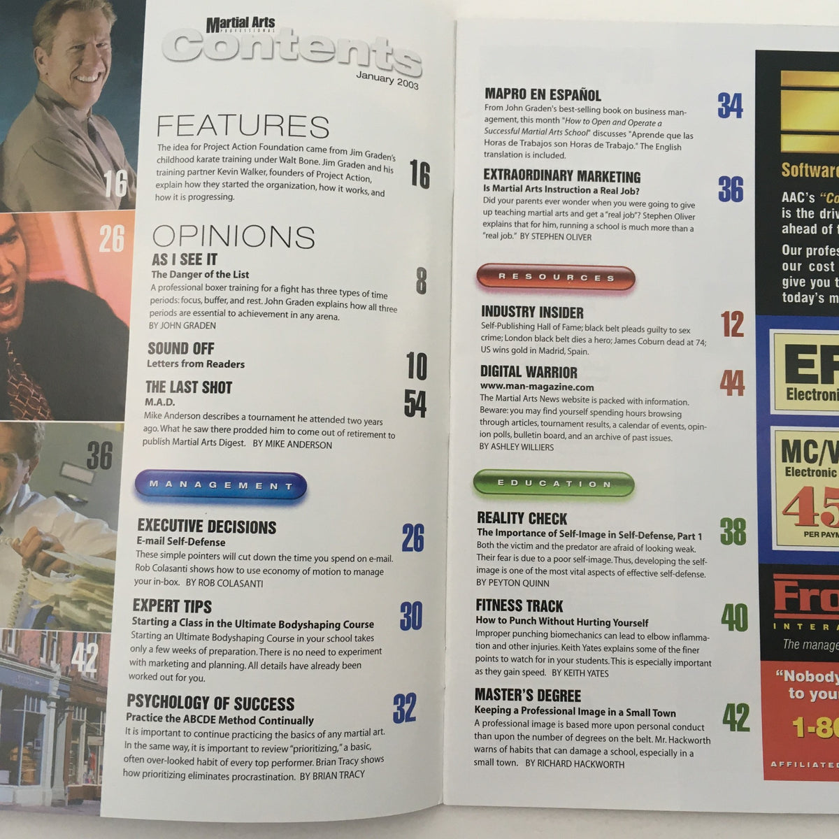 Contents page of the Martial Arts Professional Magazine from January 2003, showcasing features and opinions including 'A Dagger of the List', 'Industry Insider', and 'Fitness Track', contributing to the focus on Project Action Helping Kids.
