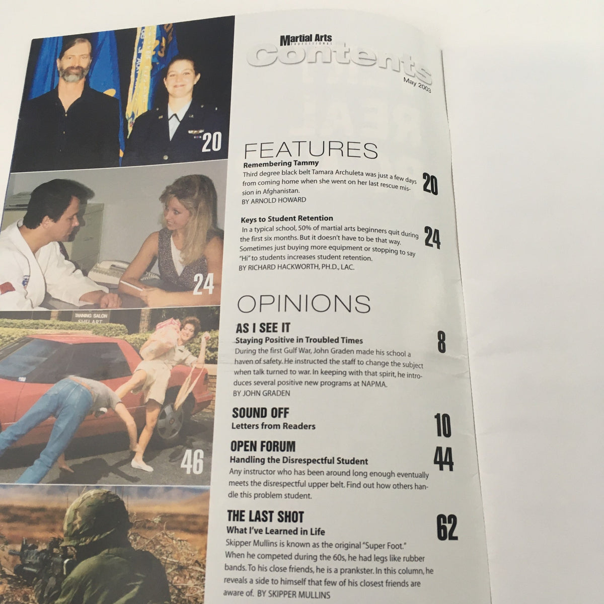 Contents page of Martial Arts Professional Magazine May 2003, listing articles including Remembering Tammy and other features relevant to martial arts training and community.