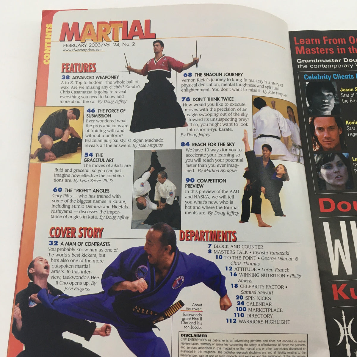 Table of contents from Martial Magazine February 2003 Vol 24 #2, highlighting articles on various martial arts including Shito Ryu and Aikido, and featuring sections on competition and weaponry.