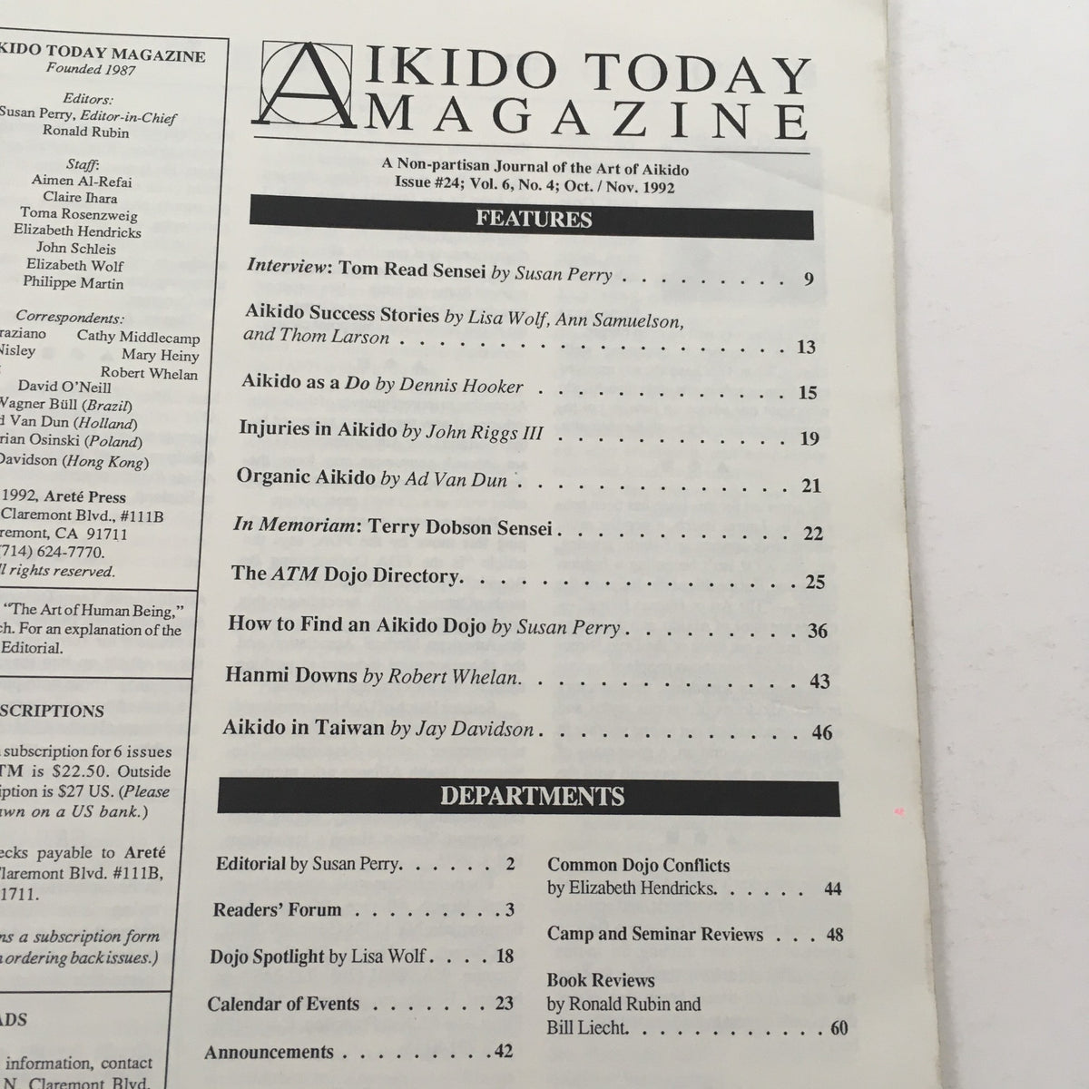 Inside page of Aikido Today Magazine October 2002 Vol 6 #4, highlighting features including an interview with Tom Read Sensei and articles on Aikido, enhancing understanding of the martial art.