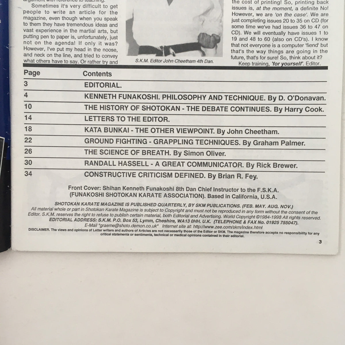 Contents page of Shotokan Karate Magazine November 1998 Issue 57 listing featured articles including Kenneth Funakoshi, karate techniques, and editorials.