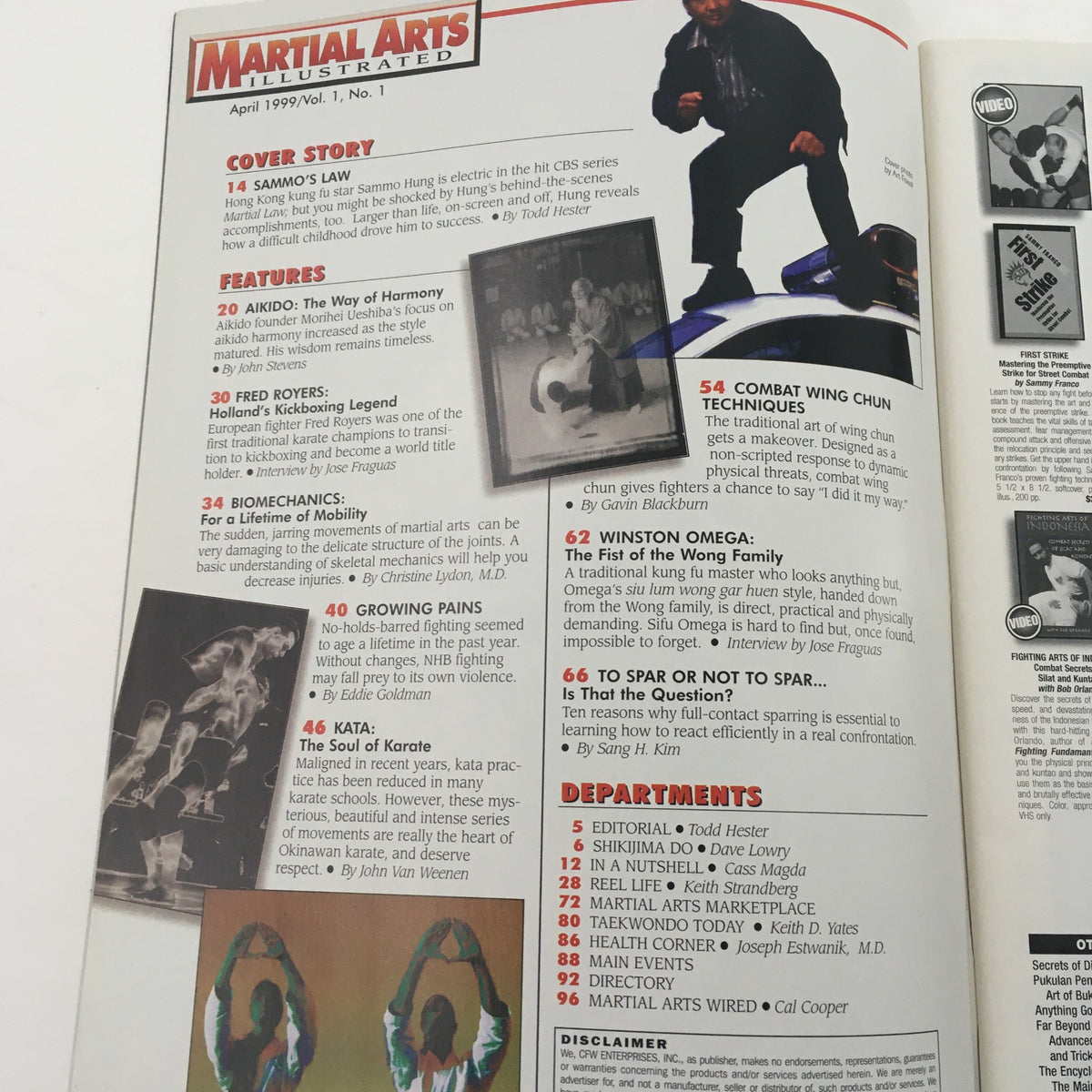 Inside page of Martial Arts Illustrated Magazine April 1999 showcasing articles on martial arts techniques, including features on Sammo Hung and combat strategies.