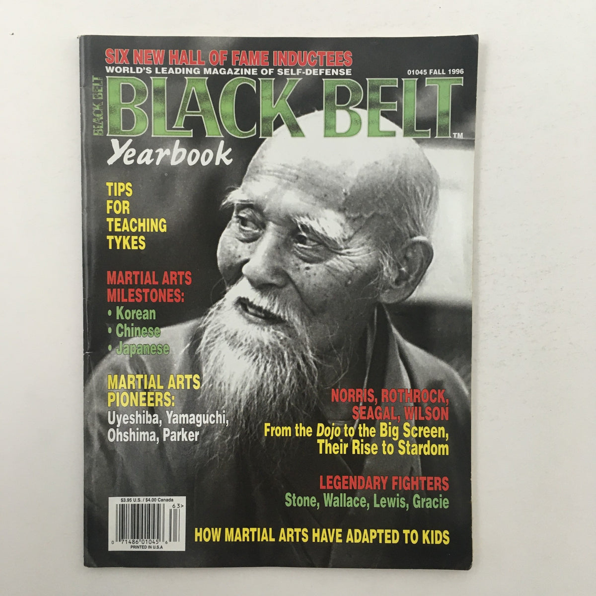Cover of the Black Belt Yearbook 1995 Vol 32 featuring an elderly martial artist, highlighting prominent figures such as Chuck Norris and Cynthia Rothrock, with titles about teaching tykes and martial arts milestones.