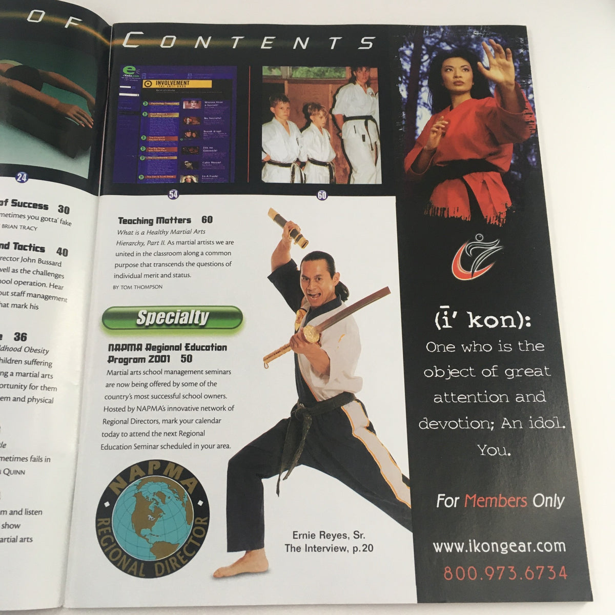 Contents page of Martial Arts Pro Magazine March 2001 showcasing Ernie Reyes, Sr. in a martial arts pose, along with details about the NADAM Regional Education Program.