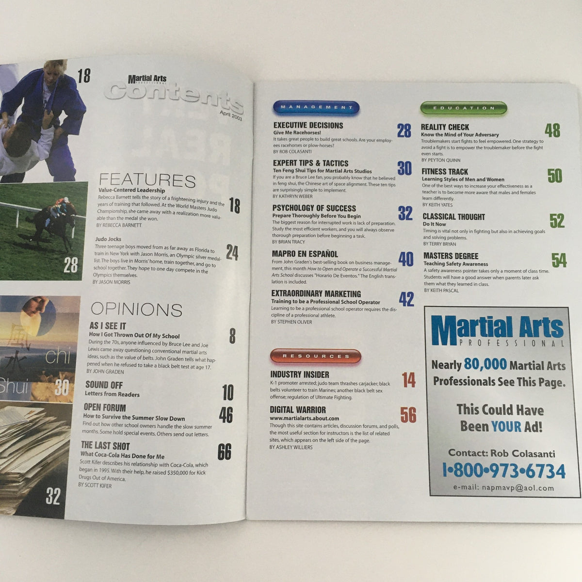 Contents page of Martial Arts Pro Magazine April 2003, featuring an overview of the magazine's features including articles on martial arts techniques and profiles of Rebecca Barnett and Jason Morris.