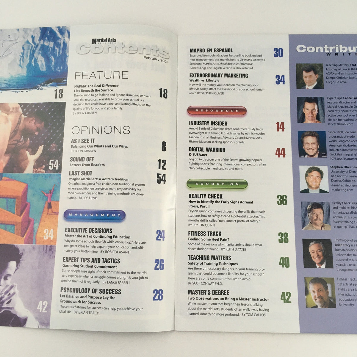 Contents page of Martial Arts Pro Magazine February 2002 outlining articles and features.