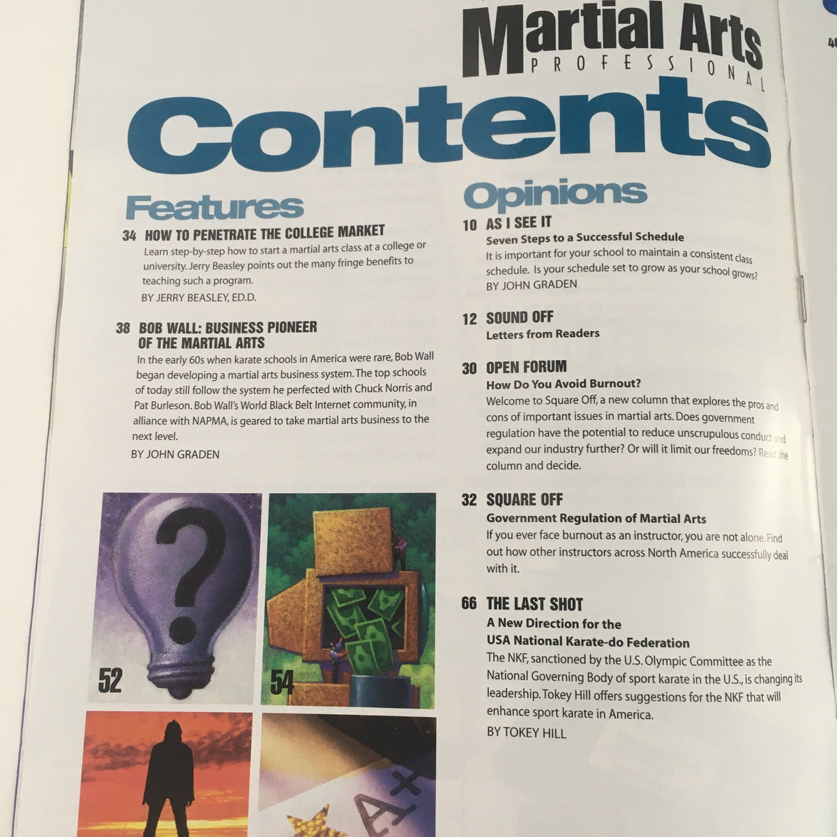 Contents page of Martial Arts Pro Magazine September 2003, highlighting features and opinions including Bob Wall's contributions to martial arts.
