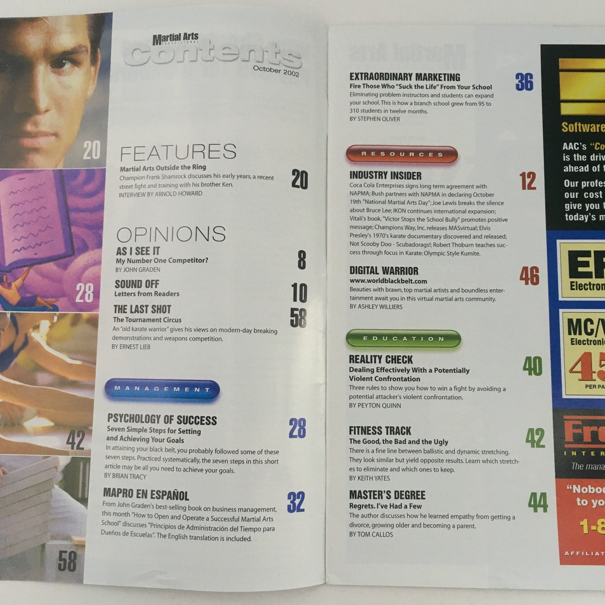 Contents page of Martial Arts Pro Magazine October 2002, presenting features and highlights including Frank Shamrock, marketing for martial arts schools, and insights for instructors.