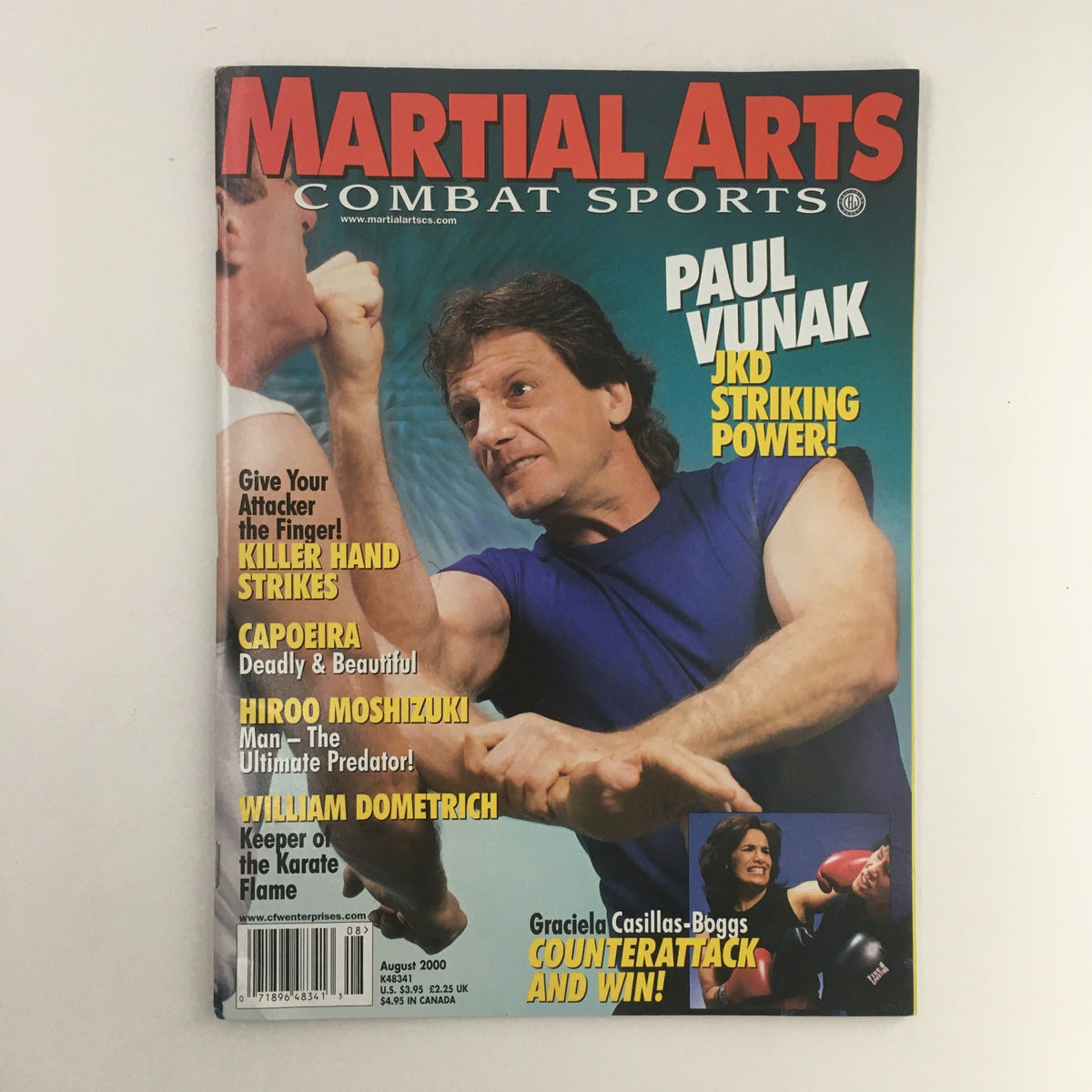 Martial Arts Combat Sports Magazine August 2000 featuring Paul Vunak on the cover, showcasing JKD striking power, and highlighting articles on martial arts training and philosophies.
