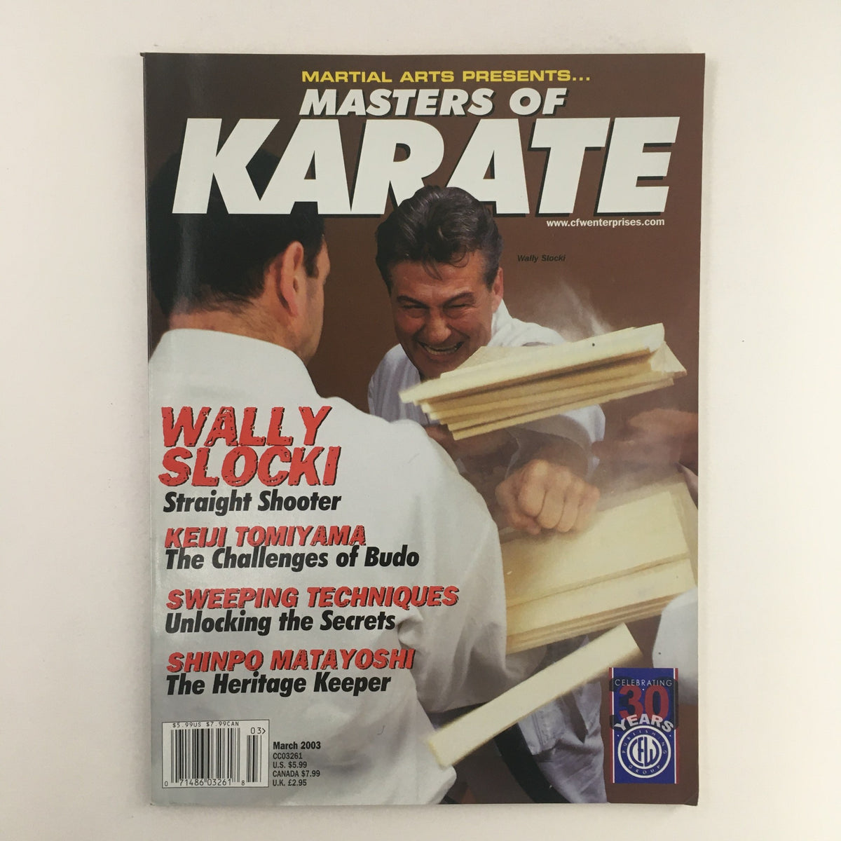 Masters of Karate Magazine March 2003 featuring Wally Slocki and Keiji Tomiyama on the cover, showcasing martial arts techniques and articles, in very good condition.
