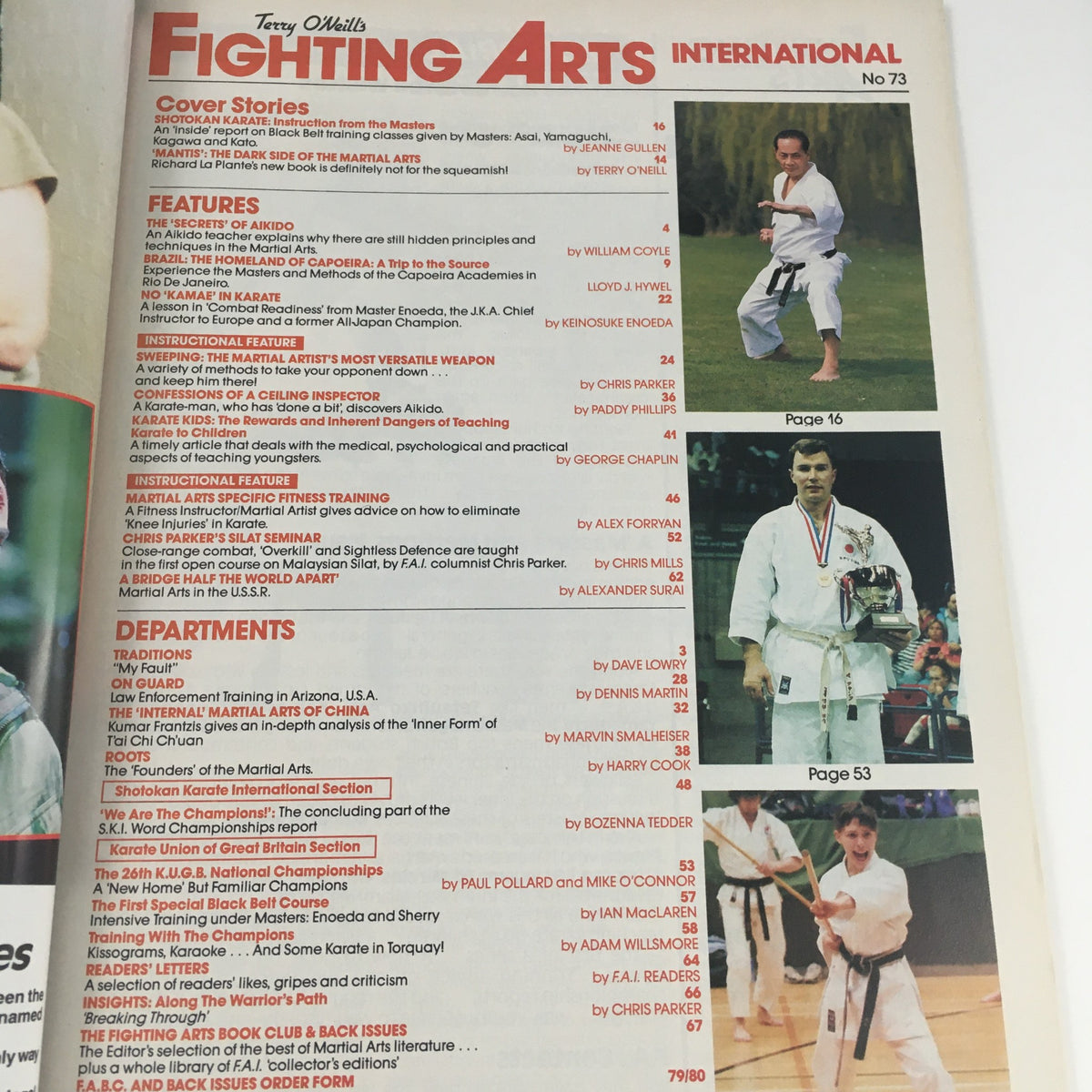 Interior page of Fighting Arts International Magazine No. 73 showcasing contents including features on martial arts techniques and different karate styles, with images of practitioners in action.