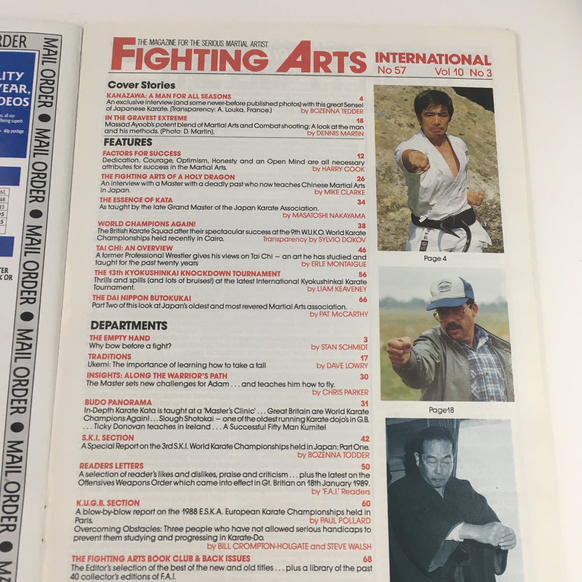 Inside page of Fighting Arts International Magazine No. 57, showcasing cover stories and notable figures in martial arts, emphasizing the content and layout of this vintage issue.