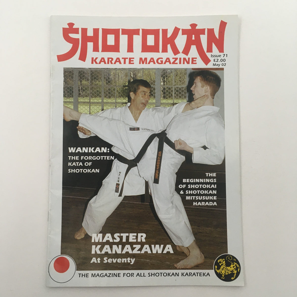 Cover of Shotokan Karate Magazine May 2002 Issue #71 featuring Master Kanazawa at seventy, showcasing martial arts action and highlighting topics like Wankan and the history of Shotokan.
