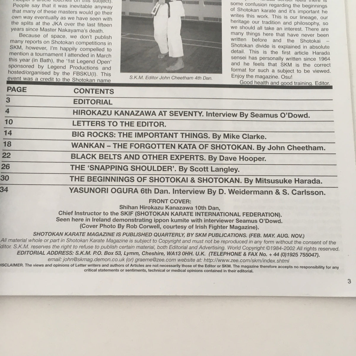 Contents page of Shotokan Karate Magazine May 2002 Issue #71 listing articles including Master Kanazawa at seventy and the history of Shotokan, with editorial notes and contributor information.