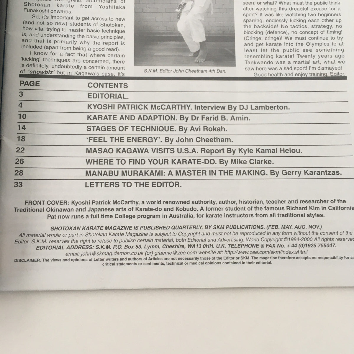 Cover of Shotokan Karate Magazine November 2000 #65 featuring Master Patrick McCarthy, highlighting articles on Shotokan Karate techniques and philosophies.