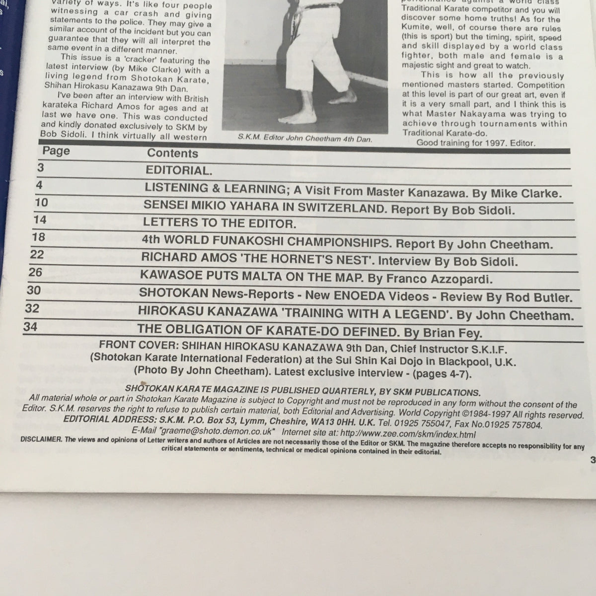 Back cover of Shotokan Karate Magazine February 1997 Issue #50 providing contents overview, including articles on karate training and events, with a focus on Master Kanazawa.
