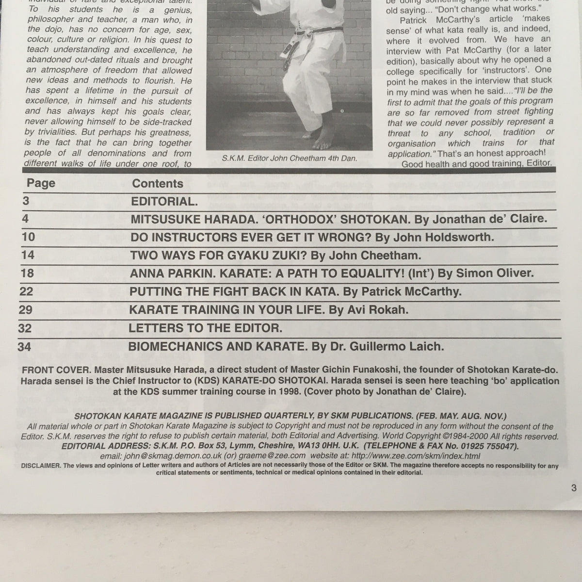 Interior page of Shotokan Karate Magazine August 2000, Issue #64, listing the contents including articles on karate techniques and philosophies.