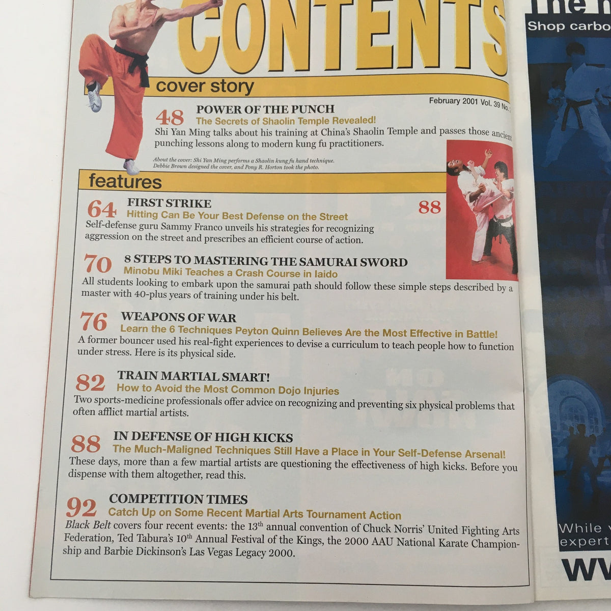 Contents page of Black Belt Magazine February 2001 detailing features such as 'First Strike' and various martial arts strategies.