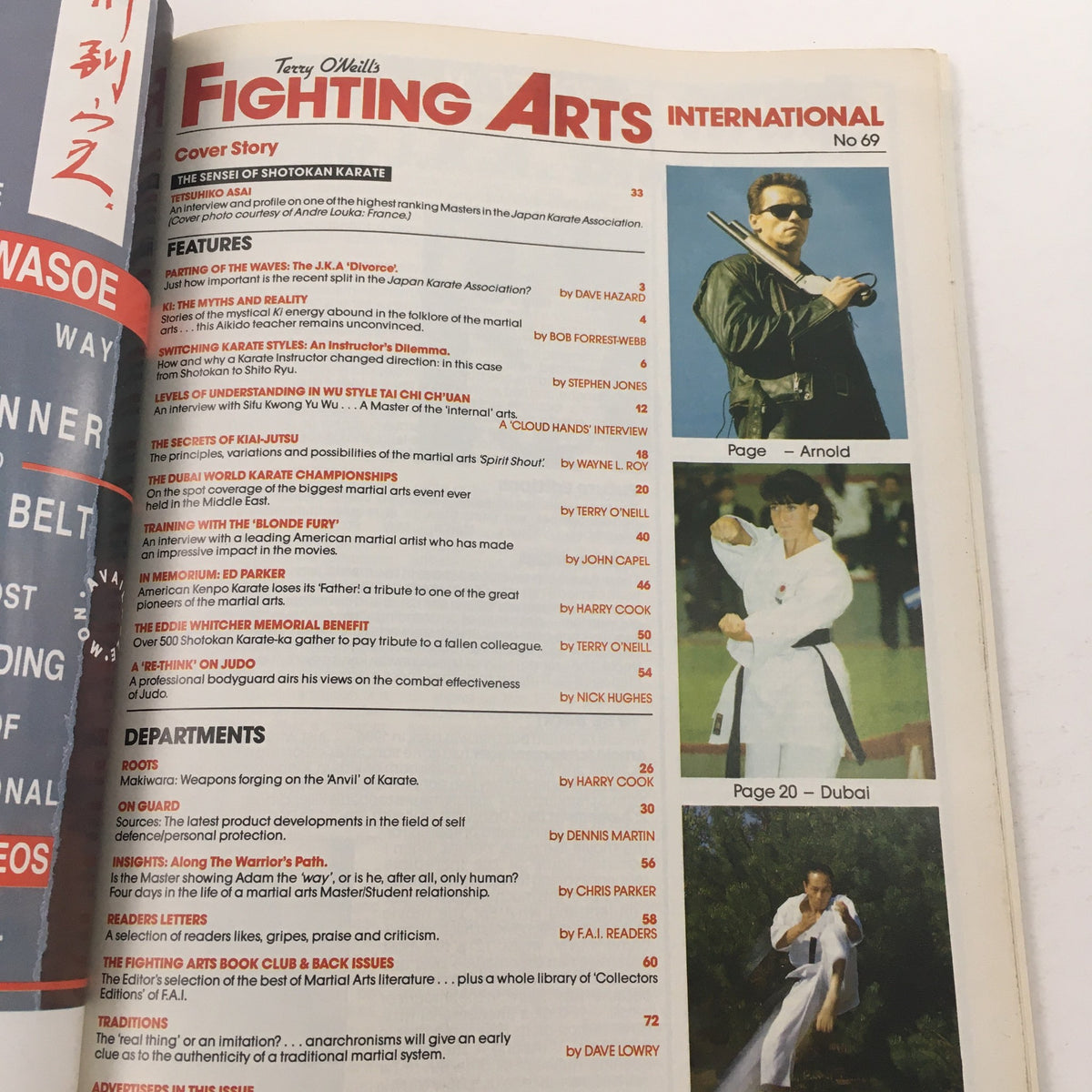 Interior of Fighting Arts International Magazine No. 69, including the contents page with features on Shotokan Karate, interviews, and articles on martial arts philosophy and training.
