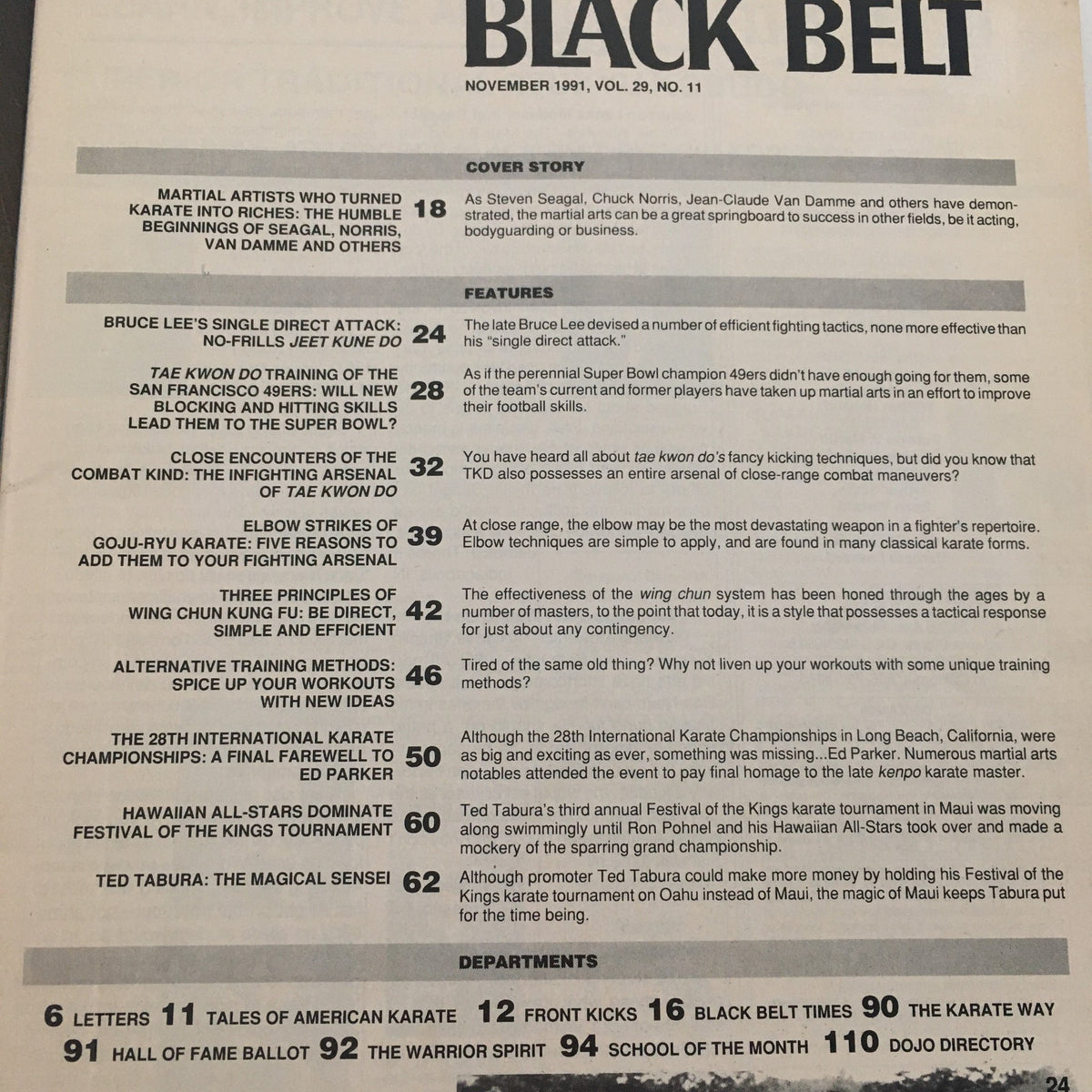 Table of contents from Black Belt Magazine, November 1991, showcasing articles on martial arts techniques and profiles of legendary figures like Bruce Lee and Ed Parker.
