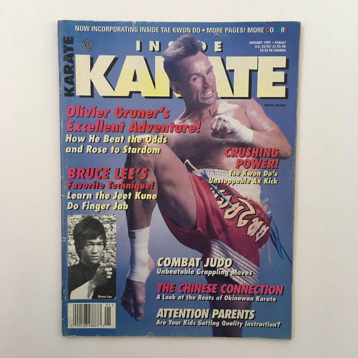 Cover of Inside Karate Magazine January 1997 featuring Olivier Gruner and Bruce Lee. The magazine highlights Gruner's adventure and his rise to stardom while also showcasing Bruce Lee's techniques. The design includes vibrant colors and various headlines related to martial arts training and tips.
