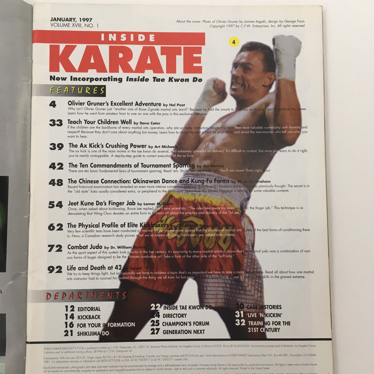 Cover of Inside Karate Magazine January 1997 featuring Olivier Gruner, showcasing martial arts highlights and articles on techniques, training, and profiles of notable figures in the martial arts community.