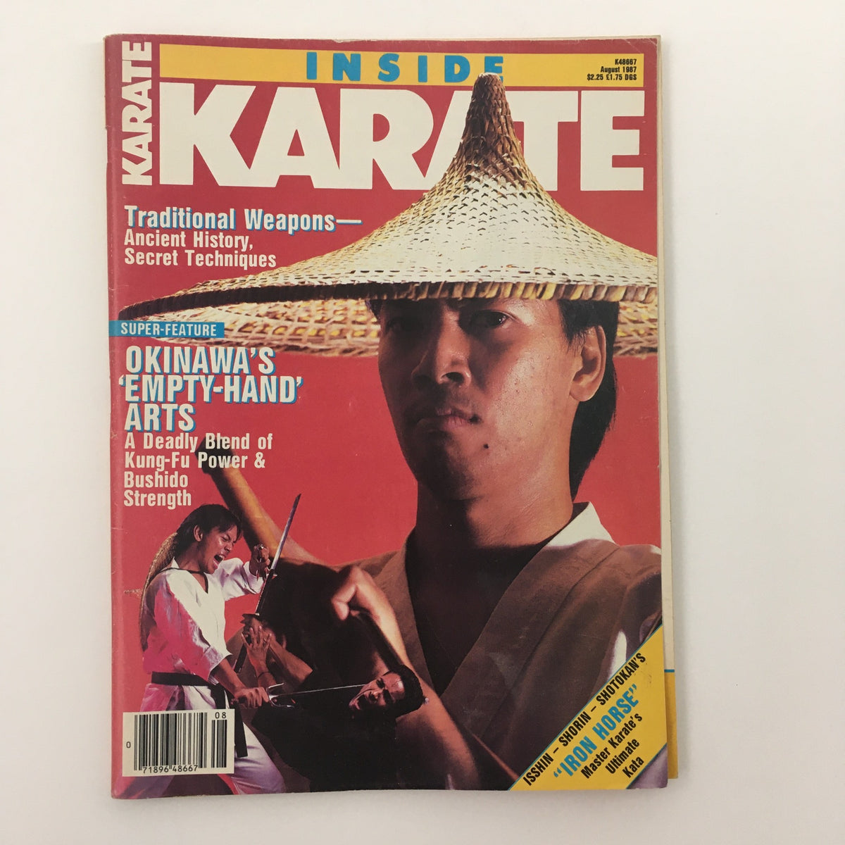 Inside Karate Magazine August 1987 featuring articles on traditional weapons and Okinawa's 'Empty-Hand' arts, showcased by striking visuals of martial artists. A vintage collectible capturing the essence of 1980s martial arts culture.