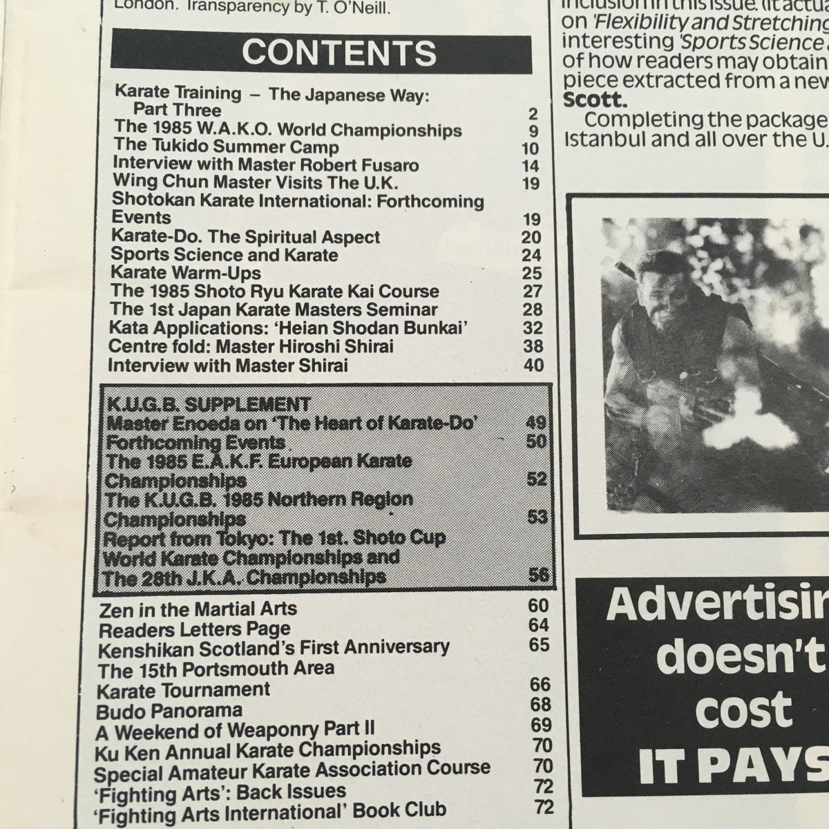 Contents page of Fighting Arts International Magazine No. 35 outlining various articles including karate training, interviews with Master Shirai and Robert Fusaro, and notable karate competitions. A valuable resource for martial arts enthusiasts.