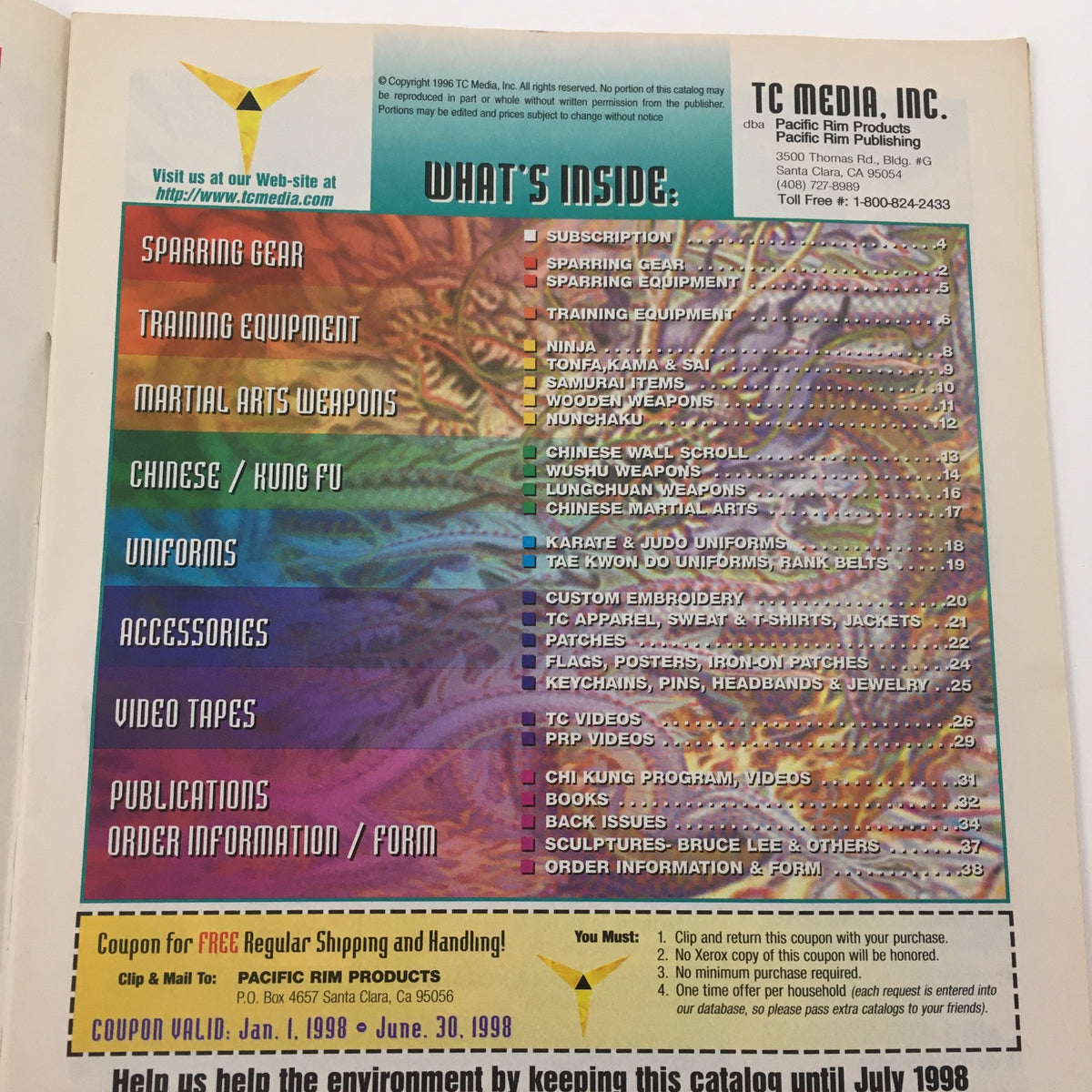 Inside page of the Martial Arts Alive 1997-1998 Product Catalog detailing contents, including sparring gear, training equipment, and martial arts weapons.