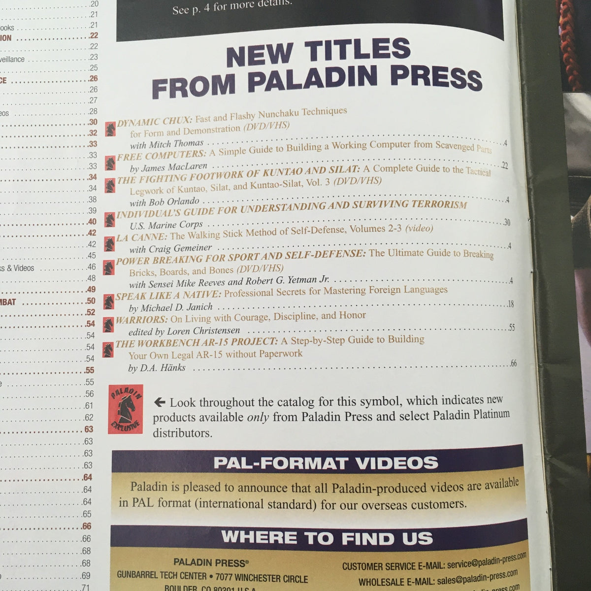 Inside page of Paladin Press Magazine Vol 34 #5 showcasing new titles and video promotions related to martial arts and self-defense.