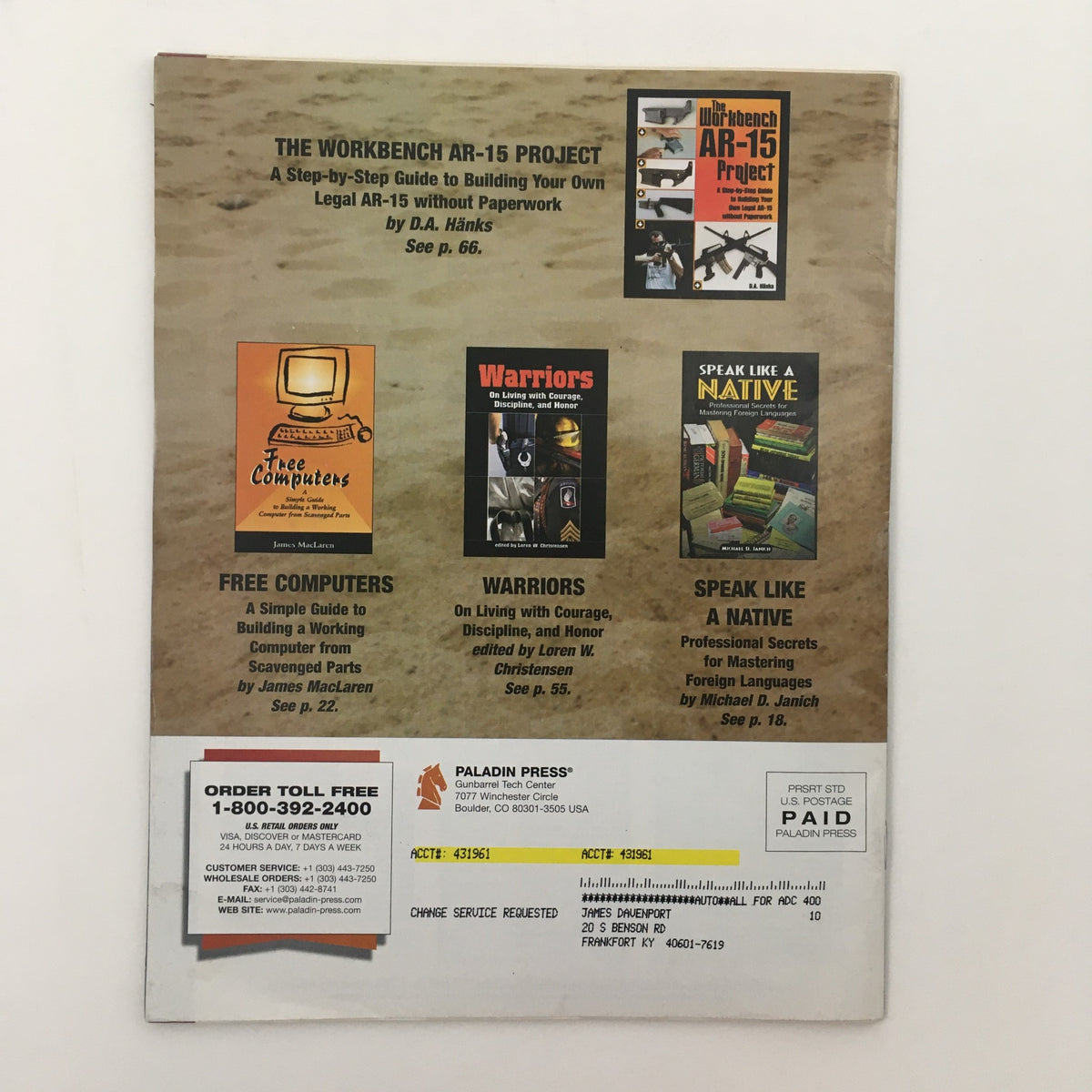 Back cover of Paladin Press Magazine Vol 34 #5 presenting additional resources and publications from Paladin Press, including the AR-15 project and other titles.