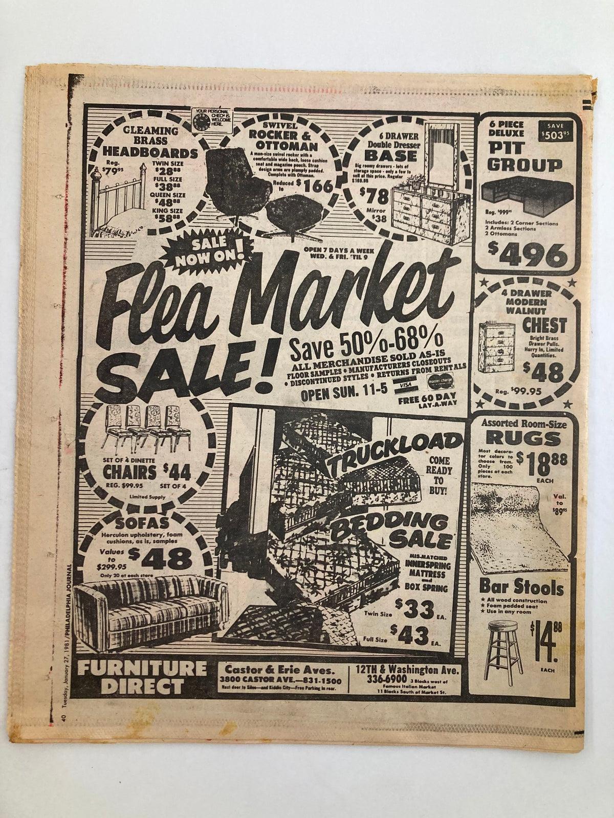 Back cover of the Philadelphia Journal Tabloid January 27 1981 Vol 4 #43 showcasing a flea market sale advertisement. The ad features discounts on furniture, including chairs, sofas, and other home goods.