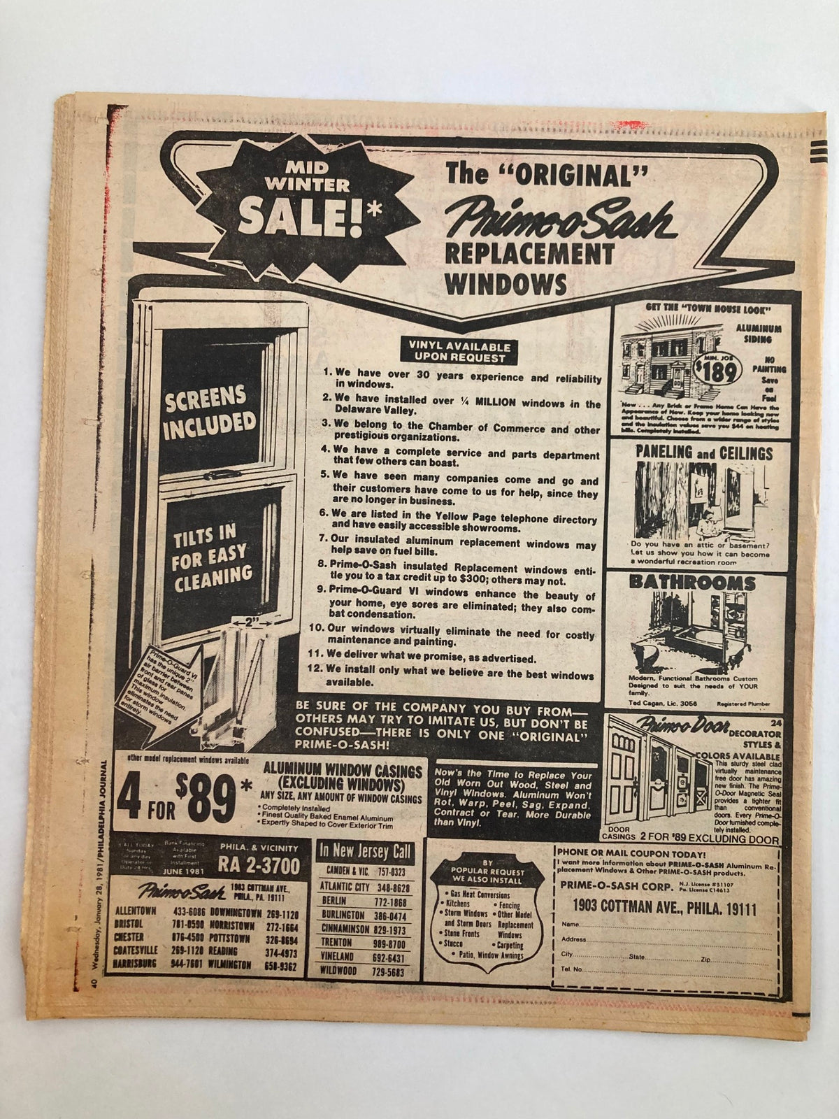Back cover of Philadelphia Journal Tabloid January 28 1981 Vol 4 #44 displaying an advertisement for 'The Original' Primo Sash Replacement Windows with pricing details. Good condition, minor wear.