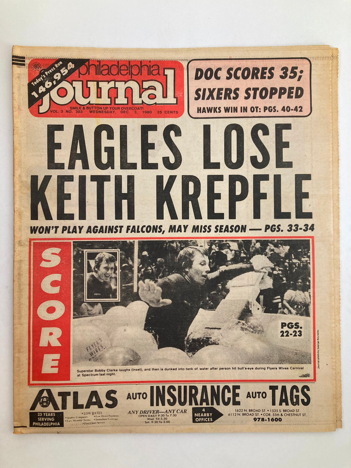 Philadelphia Journal Tabloid December 3, 1980 Vol 3 #303 featuring a cover story about the Philadelphia Eagles losing Keith Krepfle, highlights scores and sports news.