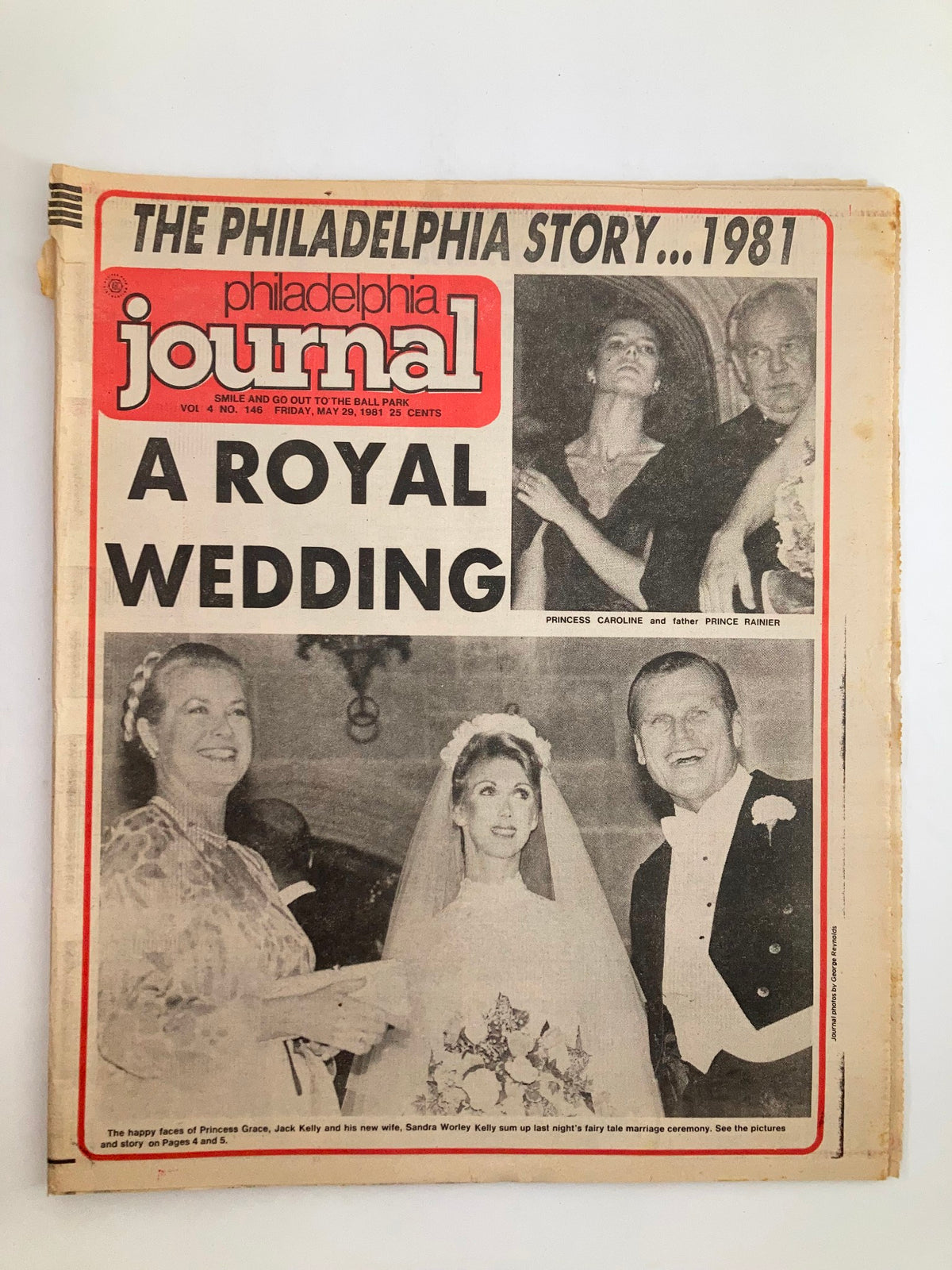 Philadelphia Journal tabloid from May 29, 1981, featuring a cover story titled 'A Royal Wedding' with images of Princess Grace and Jack Kelly, alongside Sandra Kelly.