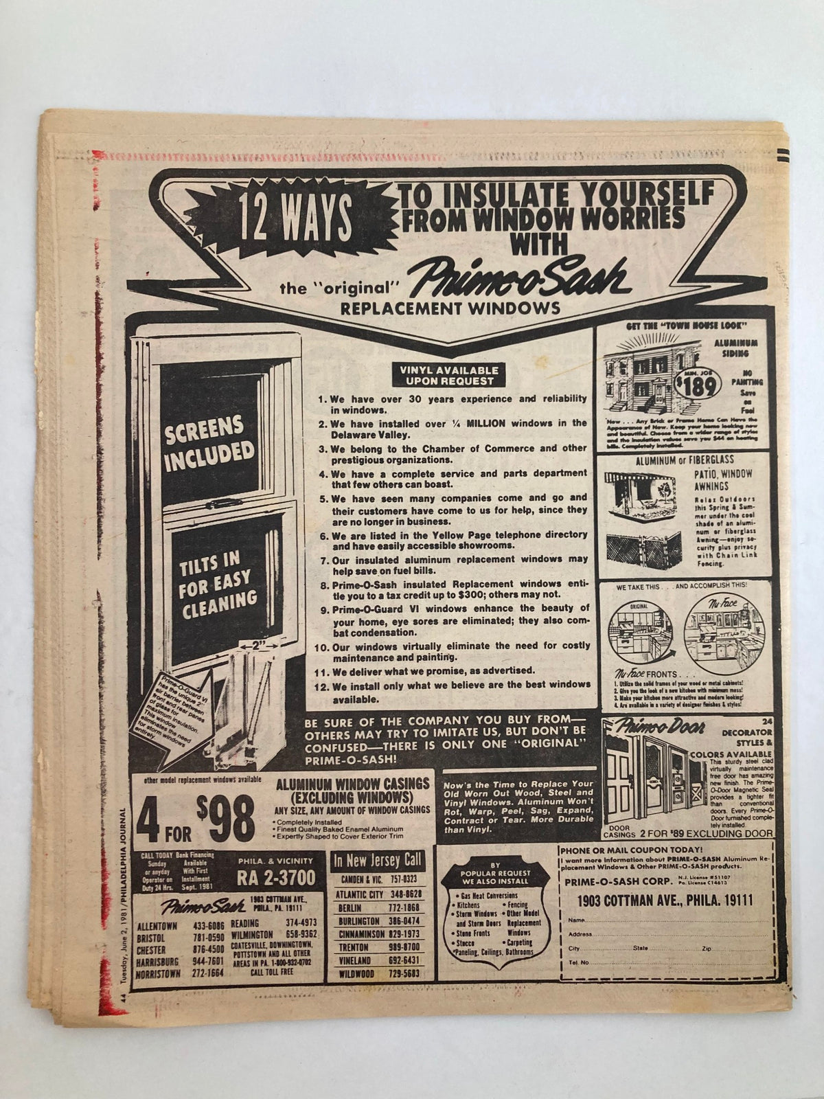 Back cover of Philadelphia Journal Tabloid June 2 1981 Vol 4 #149, advertising window replacement services with a focus on insulation and easy cleaning solutions.