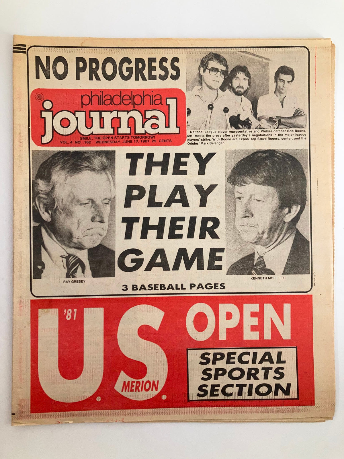 Philadelphia Journal tabloid cover from June 17, 1981, featuring the headline 'They Play Their Game' with images of Ray Grebey and Kenneth Moffett, highlighting 3 baseball pages.