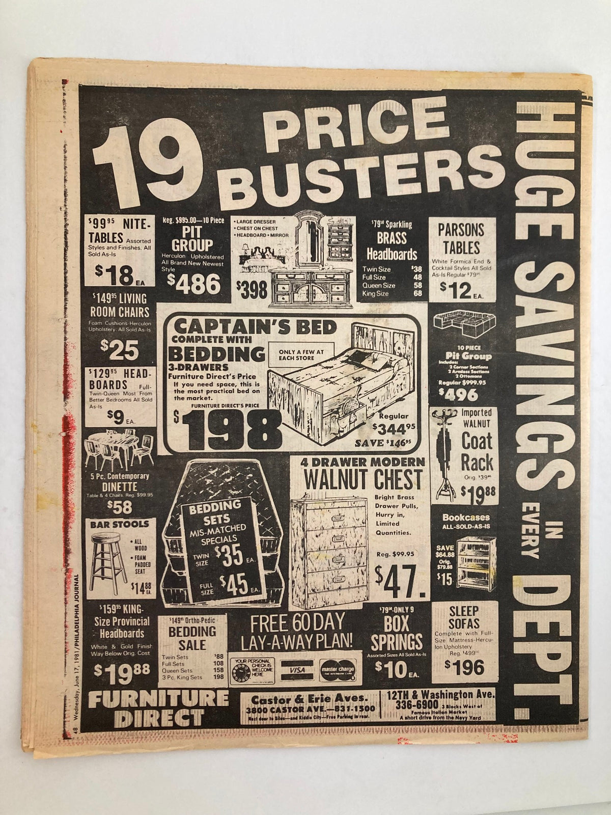 Philadelphia Journal tabloid back cover from June 17, 1981, showcasing a furniture advertisement titled '19 Price Busters' with significant savings and items listed, including Captain's Bed and walnut chest.