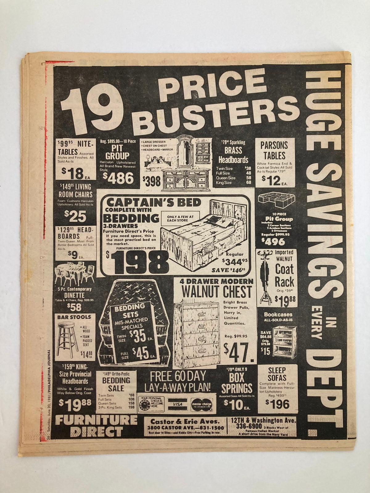 Back cover of Philadelphia Journal Tabloid June 20 1981 Vol 4 #165 displaying advertisement for furniture sales including Captain's beds and various home furnishings.